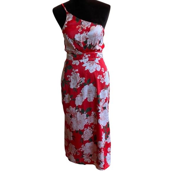 LULUS TRUELY DARLING RED FLORAL PRINT SATIN ONE-SHOULDER MIDI DRESS SZ S - Picture 4 of 12